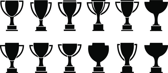 Set of Black Trophy Silhouettes in Various Shapes and Styles for Sports Awards, Achievement Icons, Vector Design Elements Collection