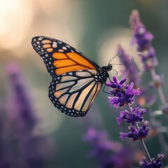 Obraz premium Vibrant Monarch Butterfly in Nature: Captivating Orange and Black Wings, Beautiful Flowers, and Serene Outdoor Ecosystem with Macro Details, Sunlight, and Delicate Pollination in Summer
