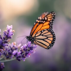 Obraz premium Monarch Butterfly Close-Up: Stunning Orange and Black Wings on Lavender Flowers in a Vibrant Garden, Showcasing Nature's Delicate, Beautiful Pollination and Serene Symmetry