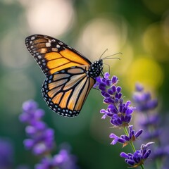 Fototapeta premium Vibrant Monarch Butterfly Close-Up: Captivating Orange and Black Wings on Lavender Flowers in Nature's Serene Garden Ecosystem, Showcasing Pollination and Wildlife Beauty in Spring and Summer
