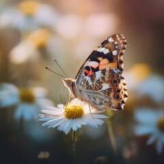 Obraz premium Vibrant Macro Photography of Butterfly and Daisy: A Close-Up Look at Nature's Colors and Beauty in Spring and Summer Gardens, Pollination, Ecosystem Harmony, and Delicate Wildlife Transformation