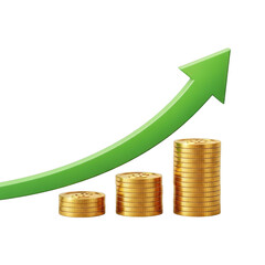Golden coins stacked and growing with upward green arrow chart visualizing financial success isolated on transparent background