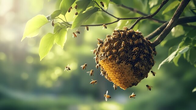 perspective captures a natural bee colony, with a honeycomb structure attached to a tree branch, showcasing the vibrant nature of insect life and their hive environment. - Powered by Adobe