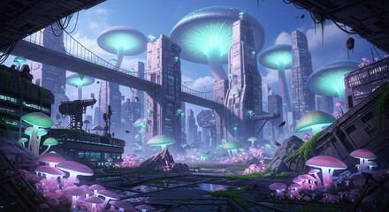 Fototapeta premium Ethereal Bioluminescent Alien Cityscape - Glowing Fungi, Futuristic Architecture, and Mystical Bridges.