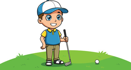 Cute cartoon boy playing golf holding club on green field, happy kid golfer character illustration, outdoor sports fun design art