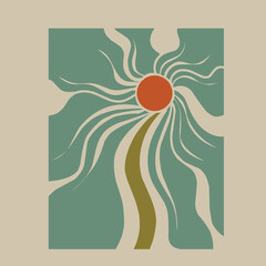 Retro abstract artwork depicting a stylized red sun with radiating cream-colored rays and a winding olive path on a teal background, evoking warmth and organic movement in minimalist form
