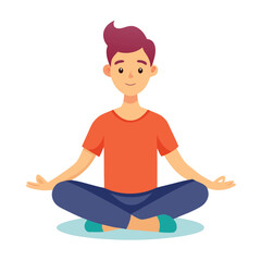 Calm and relaxed guy sitting cross-legged, meditating peacefully, practicing mindfulness and tranquility.
