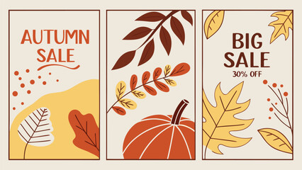 Minimalist Elegant Autumn Sale Posters: Big Discounts, Season-Inspired Design, and Modern Shopper Illustration.