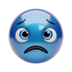 Fototapeta premium Sad blue emoji isolated on white background expressing feelings of unhappiness and sorrow