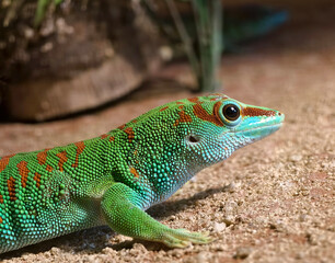 A colorful gecko resting on a sand surface in natural habitat