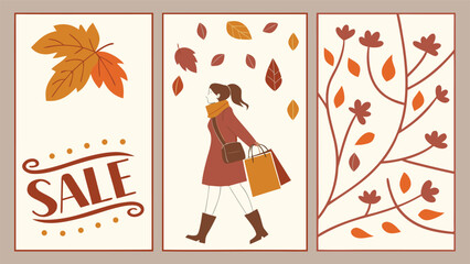 Minimalist Elegant Autumn Sale Posters: Big Discounts, Season-Inspired Design, and Modern Shopper Illustration.