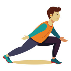 Handsome young guy doing a deep lunging stretch, focused on flexibility and warming up his lower body muscles.