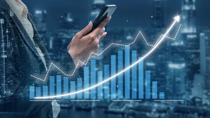 A business professional is engaged in data analysis using a smartphone in a modern urban setting, surrounded by visual growth metrics, representing innovation. Copula - Powered by Adobe