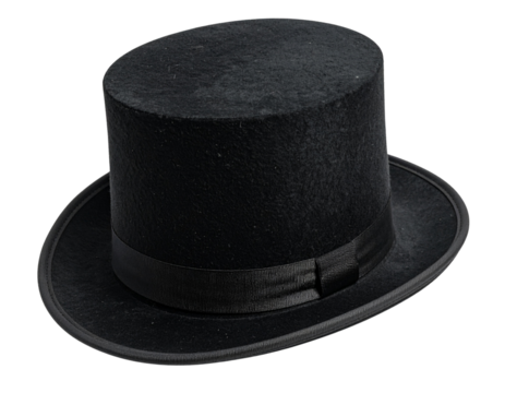  Vintage Black Top Hat Lying Flat, Overhead Perspective, Isolated
