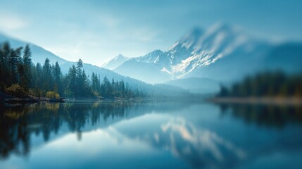 Fototapeta premium Blurred scenic mountain background, snow-capped peaks, pine forest, calm lake, soft morning light with dreamy haze, smooth gradient blur, wide open sky with copy space for headline text.