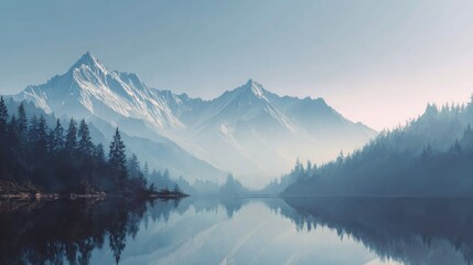 Naklejka premium Blurred scenic mountain background, snow-capped peaks, pine forest, calm lake, soft morning light with dreamy haze, smooth gradient blur, wide open sky with copy space for headline text.