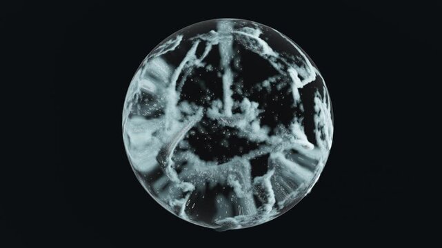 Swirling cloud of particles churns dynamically inside transparent glass sphere creating turbulent inner motion