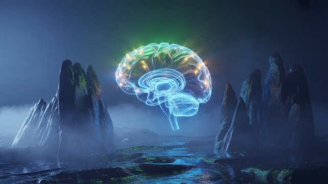 Stunning glowing brain floating above alien landscape, showcasing intelligence and innovation in a mysterious, thought-provoking atmosphere for medical concepts