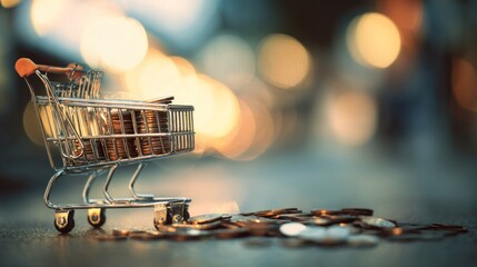 Blurred shopping cart with coins and paper bills background, dreamy blur effect, warm glowing light, wide copy space for promotional text, minimal clean style, perfect for saving money awareness.