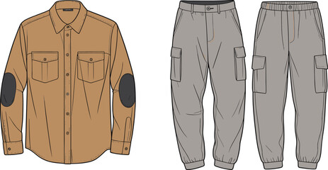 Vector CAD drawing flat of brown shirt with elbow patches and gray cargo pants, unisex casual fashion technical sketch
