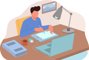 Graphic Designer at Desk with Laptop Tablet and Coffee Cup on Brown Wooden Desk Under Desk Lamp in Transparent Background Illustration