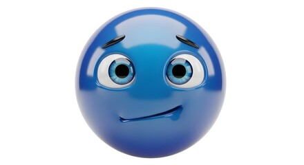 Fototapeta premium Blue emoji with a slightly smiling expression isolated on white background, conveying doubt