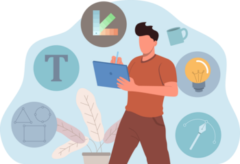 Graphic Designer Illustration Holding Tablet on Transparent Background with Palette Lightbulb and Text Icon Flat Design Style Pixelated Art Style