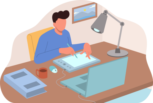 Graphic Designer at Desk with Laptop Tablet and Coffee Cup on Brown Wooden Desk Under Desk Lamp in Transparent Background Illustration