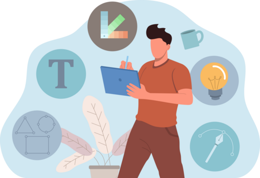 Graphic Designer Illustration Holding Tablet on Transparent Background with Palette Lightbulb and Text Icon Flat Design Style Pixelated Art Style - Powered by Adobe