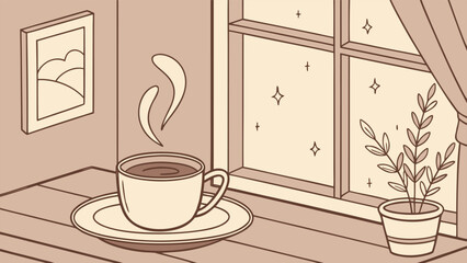 Cozy Home Vibes with a Steaming Latte, Minimalist Line Art Illustration for Coffee and Relaxation.
