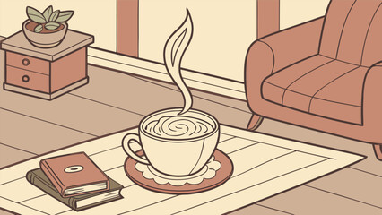 Cozy Home Vibes with a Steaming Latte, Minimalist Line Art Illustration for Coffee and Relaxation.
