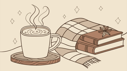 Cozy Home Vibes with a Steaming Latte, Minimalist Line Art Illustration for Coffee and Relaxation.