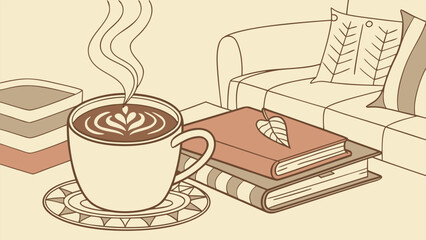 Cozy Home Vibes with a Steaming Latte, Minimalist Line Art Illustration for Coffee and Relaxation.