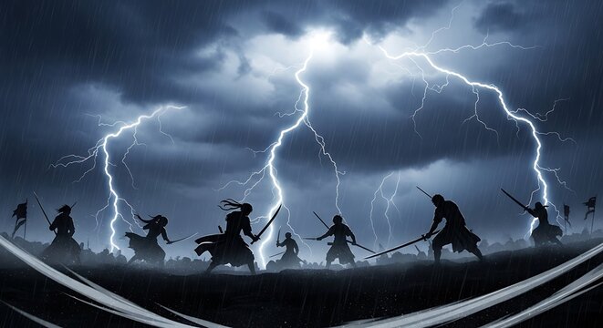Silhouetted Samurai Warriors in Epic Battle Under Lightning Storm - Powered by Adobe