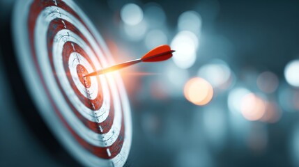 Blurred target board with arrow hitting bullseye, glowing light rays, dreamy blur effect, minimal style, wide blank copy space for headline text, perfect metaphor for goal achievement and success.