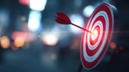 Blurred target board with arrow hitting bullseye, glowing light rays, dreamy blur effect, minimal style, wide blank copy space for headline text, perfect metaphor for goal achievement and success.