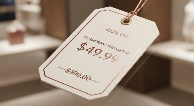 Elegant Cream and Rose Gold Price Tag with 50% Off Discount, Featuring Cormorant Garamond Font in a Luxury Retail Setting with Soft Lighting