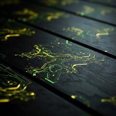 Electronic Circuit Board Close-up with Green and Yellow Lines