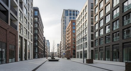 Modern Architecture Street View with Tall Buildings.