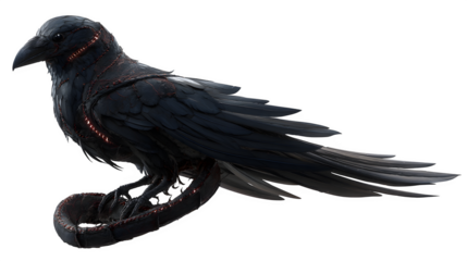 Mysterious obsidian raven with glowing internal energy and intricate segmented tail, a powerful symbol of dark magic and ancient secrets.. Perfect for Halloween Designs