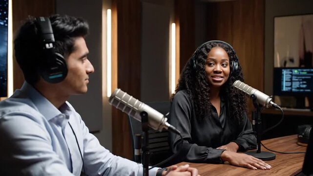 Podcast hosts recording in luxury studio with modern cinematic interior

