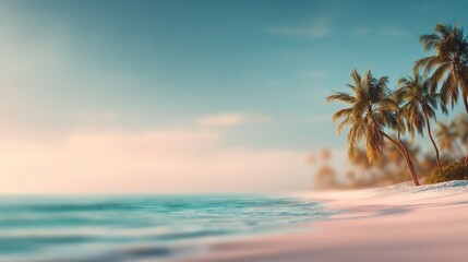 Obraz premium Blurred tropical beach background, soft turquoise ocean, white sand, palm trees swaying, dreamy warm sunset glow, smooth bokeh blur, wide blank area with copy space for text placement, minimal clean.