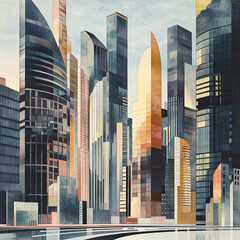 Obraz premium watercolor style illustration of towering contemporary city skyline with diverse architectural shapes and reflective glass