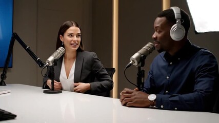 Luxury modern podcast studio conversation with cinematic lighting
