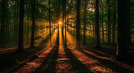 Sunlight filters through the trees in a forest, creating shadows.