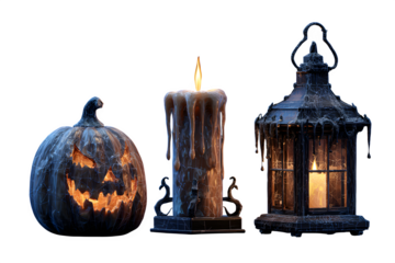 Spooky Halloween jackolantern, melting candle, and eerie lantern with flickering flame create a chillingly festive atmosphere for your seasonal designs.. Perfect for Halloween Designs