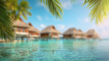 Obraz premium Blurred tropical island resort background, overwater bungalows, crystal clear lagoon, bright sunny sky, palm leaves in soft focus, dreamy vacation blur, large blank area with copy space for promotion.