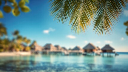 Naklejka premium Blurred tropical island resort background, overwater bungalows, crystal clear lagoon, bright sunny sky, palm leaves in soft focus, dreamy vacation blur, large blank area with copy space for promotion.