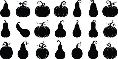 Black Silhouettes of Pumpkins and Gourds in Various Shapes for Autumn, Thanksgiving, Botanical, Harvest, Halloween, and Seasonal Design Themes