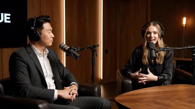 Podcast conversation in luxury studio with cinematic warm lighting
